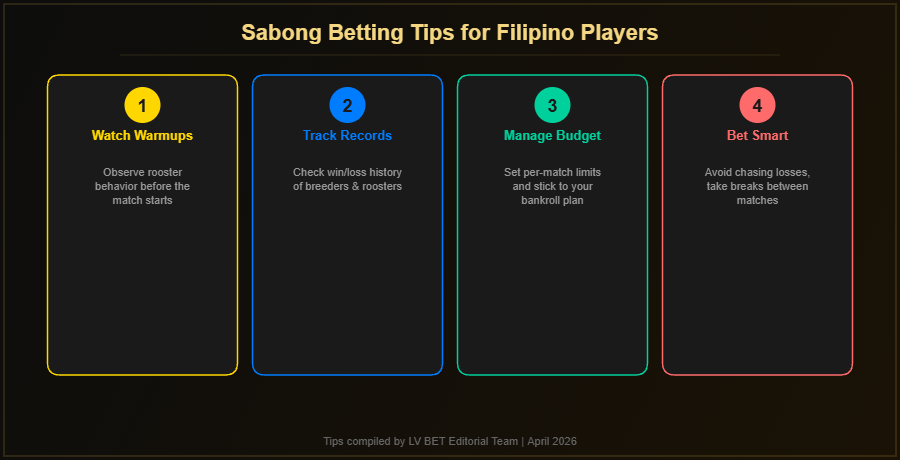 Sabong betting tips for Filipino players including watching warmups, tracking records, managing budget and betting smart